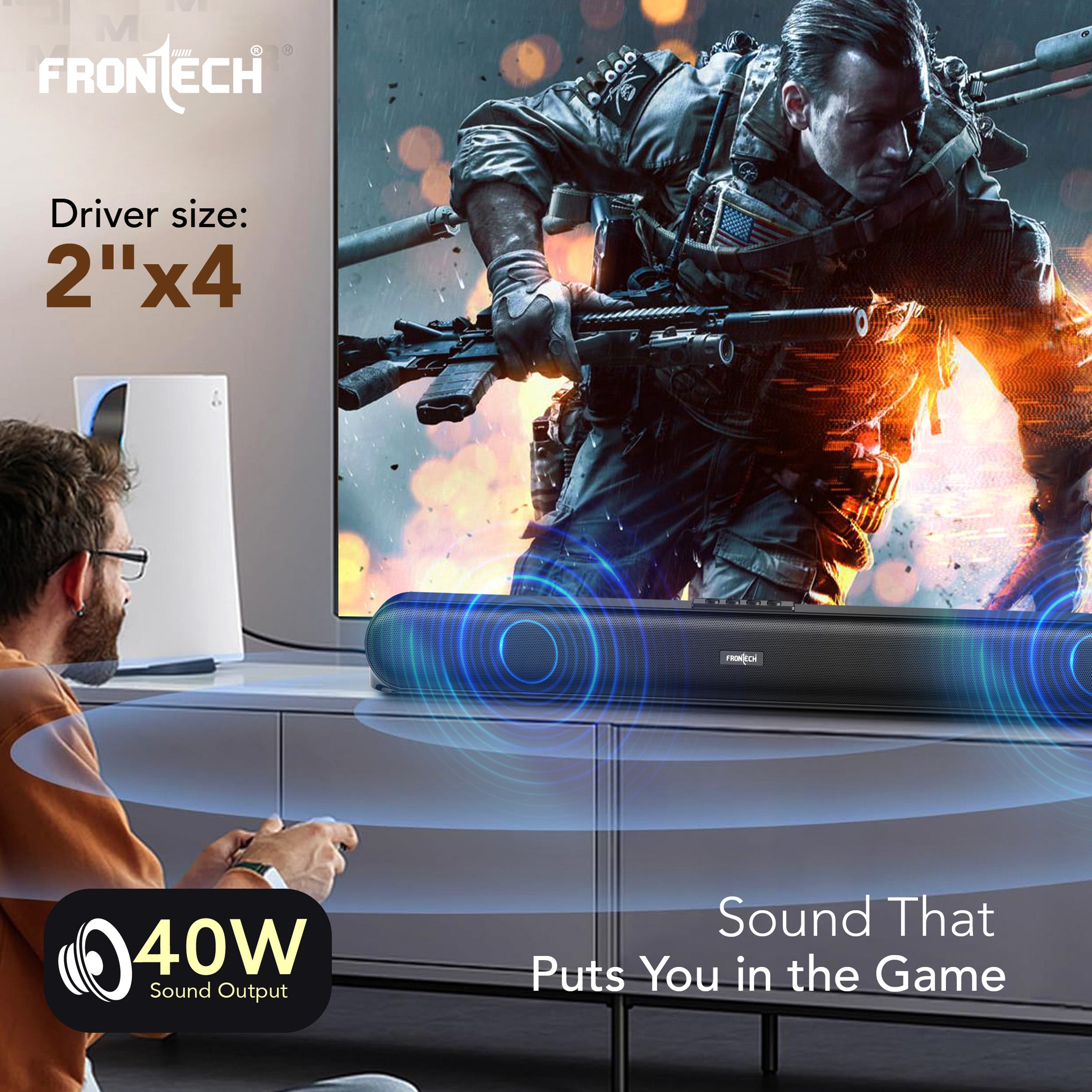 FRONTECH Echolite Mini Soundbar: 40W Bluetooth 5.0 Portable Speaker with AUX, USB, TF Card, and 2400mAh Battery ( SW-0191P) FRONTECH Echolite Mini Soundbar: 40W Bluetooth 5.0 Portable Speaker with AUX, USB, TF Card, and 2400mAh Battery ( SW-0191P)